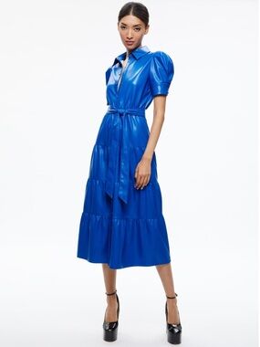 Alice + Olivia Cobalt Blue Button-Front Midi Dress with Tie Waist